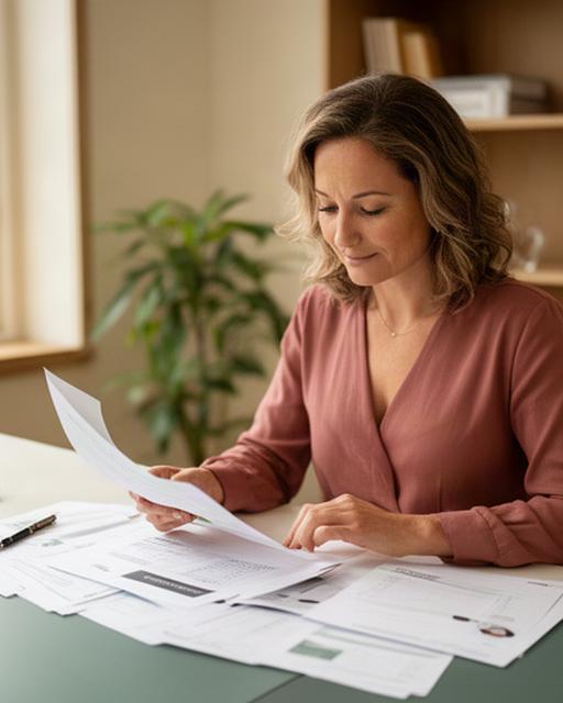Fréderieke Hakkenes werkt met financiële documenten in een rustig kantoor in Nieuw-Vennep