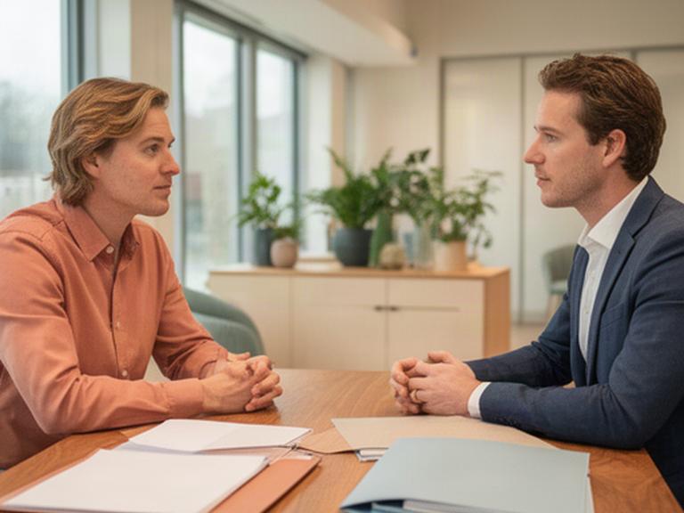 Adviseurs in gesprek aan een houten tafel in het kantoor aan het Lisserpad in Nieuw-Vennep