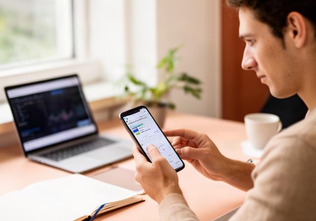 Jonge professional aan een bureau in Hoofddorp met een smartphone waarop een automatische maandelijkse inleg zichtbaar is